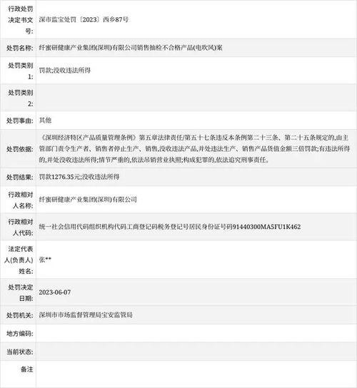 纖蜜研健康產業集團 深圳 銷售抽檢不合格產品 電吹風 案